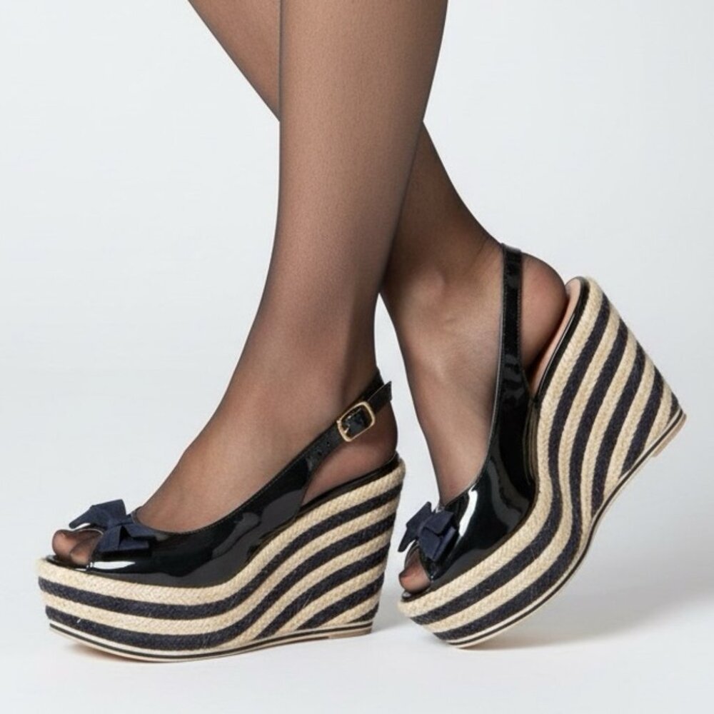 Red Valentino Navy Patent Espadrille Wedge Sandal